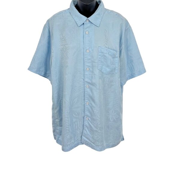 Quiksilver Waterman Large Men Blue Short Sleeve Shirt Button Hawaiian Tribal EUC - Picture 1 of 8